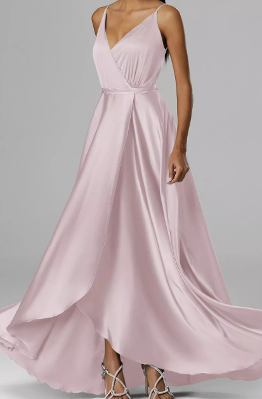AW BRIDAL SZ 8 M dusty pink Sage satin wrap bridesmaid party maxi dress NEW B44